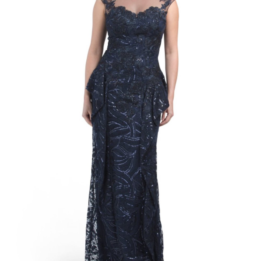 TERI JON Cap Sleeve Illusion Neck Sequin Lace And